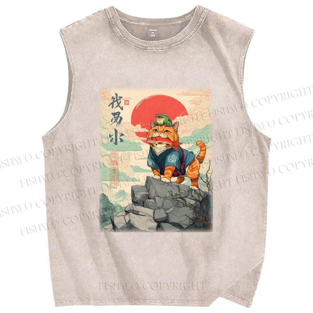 Unisex Samurai Cat & Frog Printed Washed Tank Top