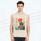 Unisex Samurai Cat & Frog Printed Washed Tank Top