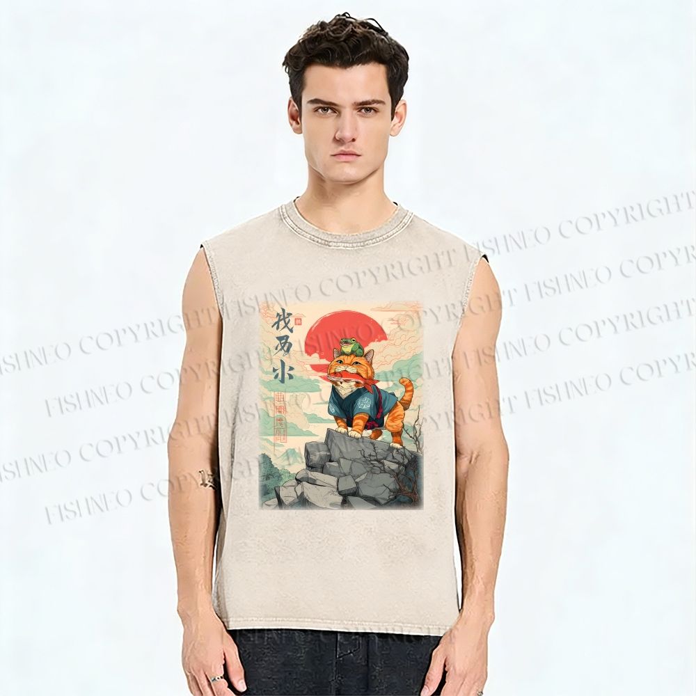 Unisex Samurai Cat & Frog Printed Washed Tank Top