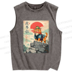 Unisex Samurai Cat & Frog Printed Washed Tank Top