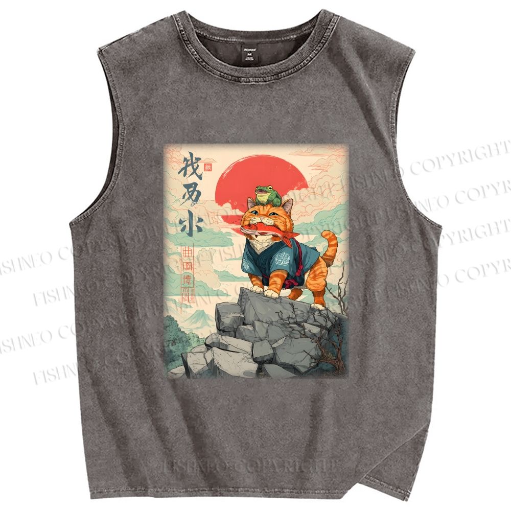 Unisex Samurai Cat & Frog Printed Washed Tank Top