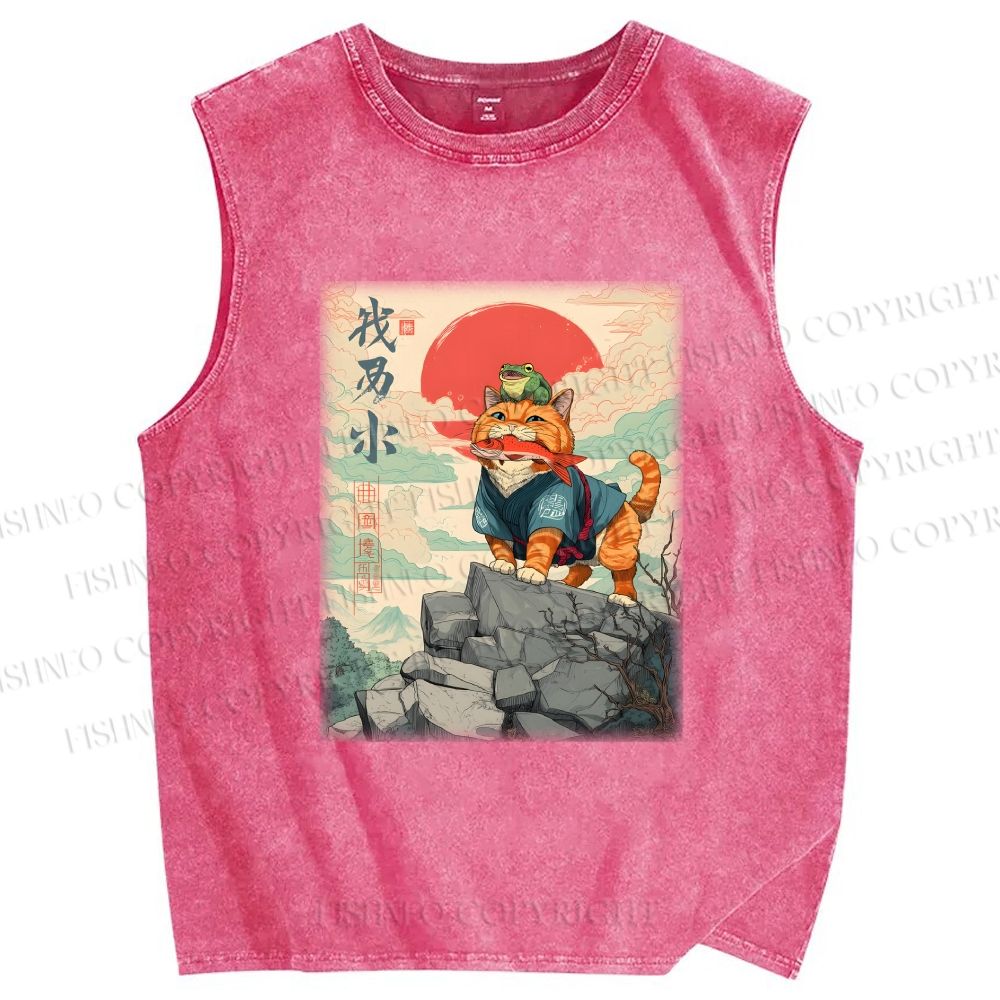 Unisex Samurai Cat & Frog Printed Washed Tank Top