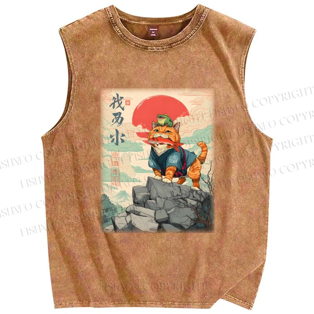 Unisex Samurai Cat & Frog Printed Washed Tank Top