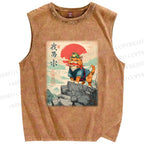 Unisex Samurai Cat & Frog Printed Washed Tank Top