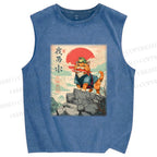 Unisex Samurai Cat & Frog Printed Washed Tank Top