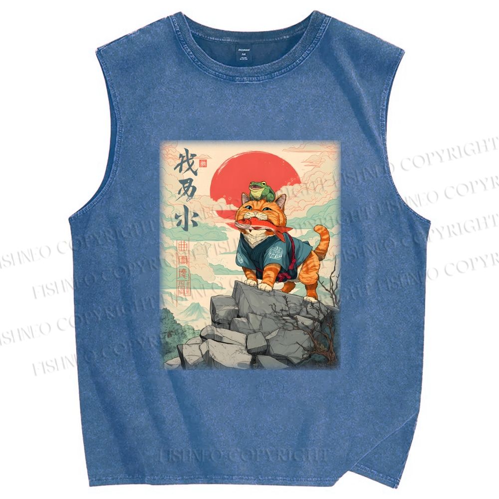 Unisex Samurai Cat & Frog Printed Washed Tank Top
