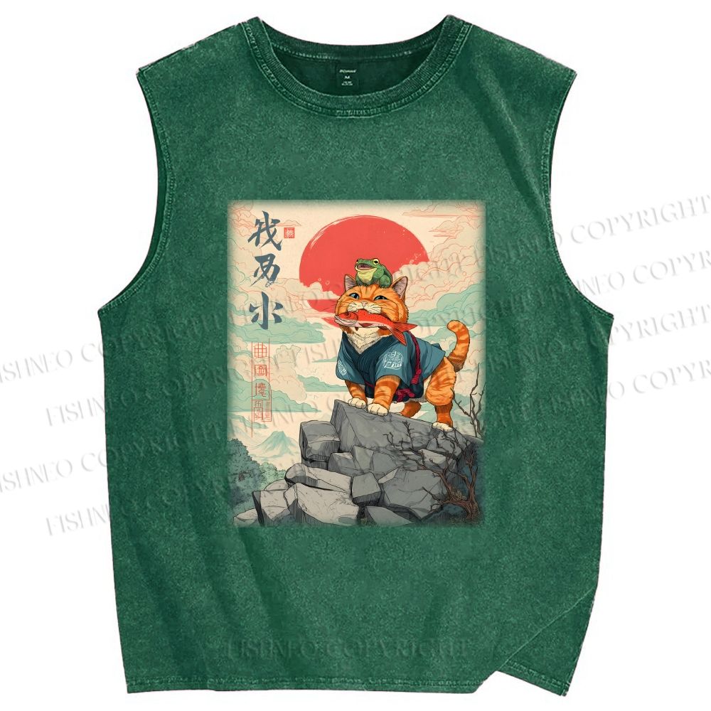 Unisex Samurai Cat & Frog Printed Washed Tank Top