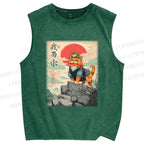 Unisex Samurai Cat & Frog Printed Washed Tank Top