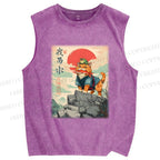 Unisex Samurai Cat & Frog Printed Washed Tank Top