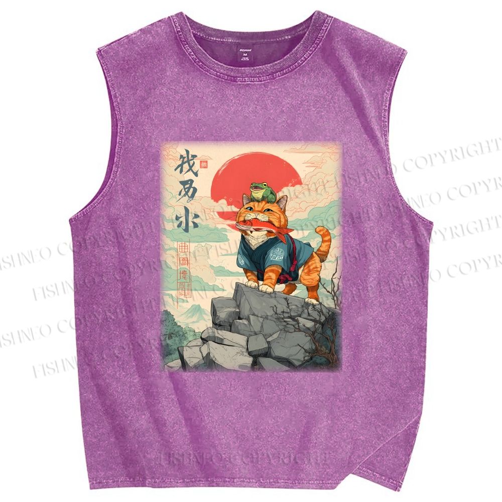 Unisex Samurai Cat & Frog Printed Washed Tank Top