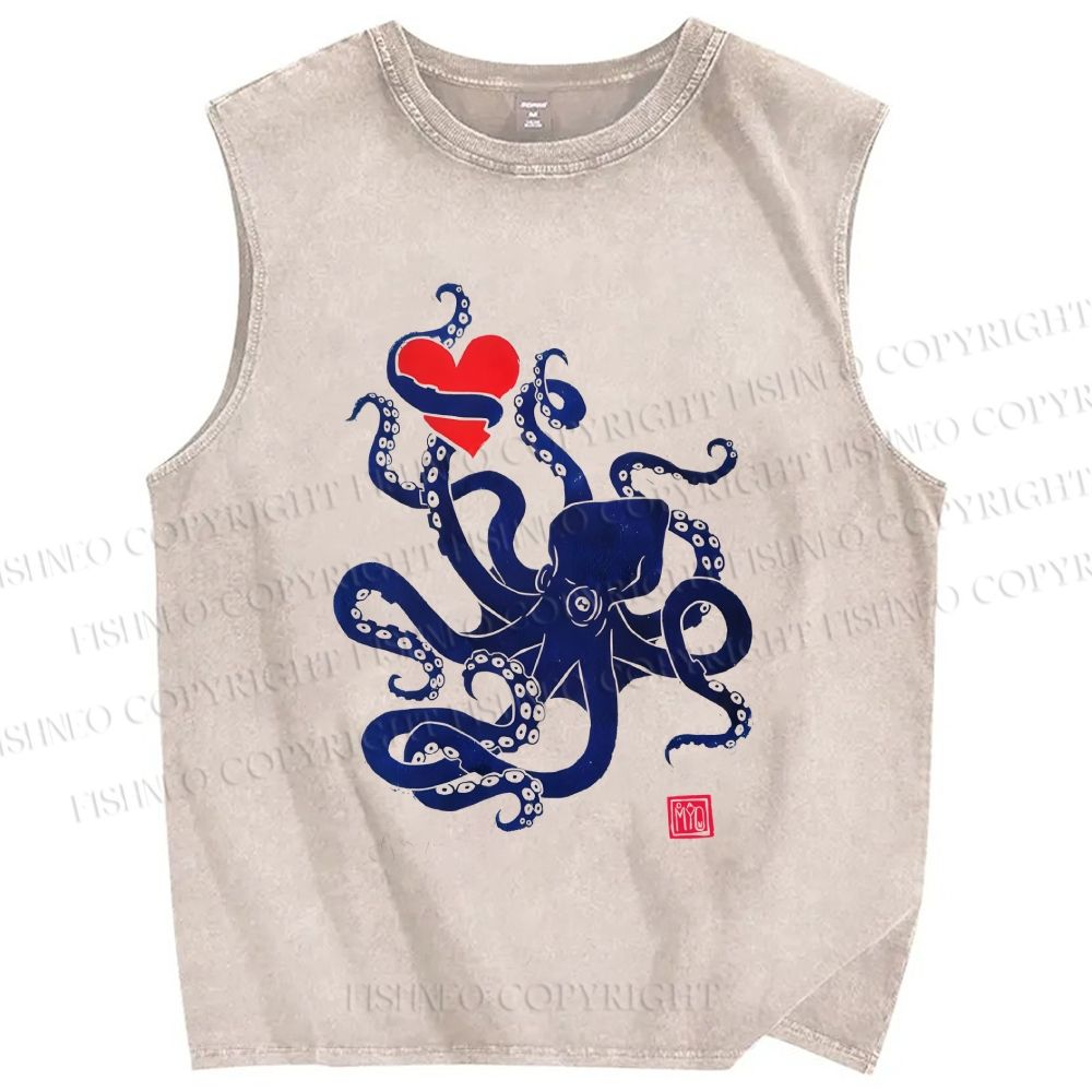 Unisex The Lure of the Sea Octopus Printed Washed Tank Top