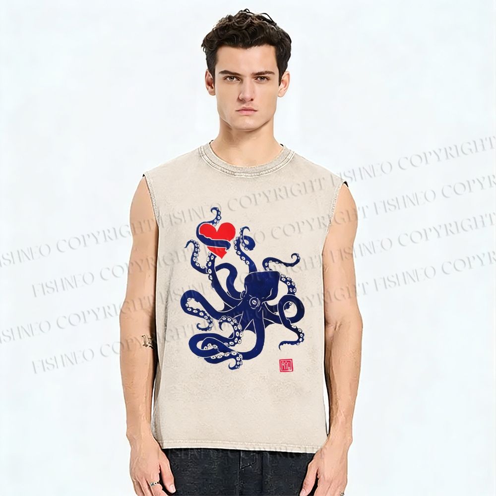 Unisex The Lure of the Sea Octopus Printed Washed Tank Top