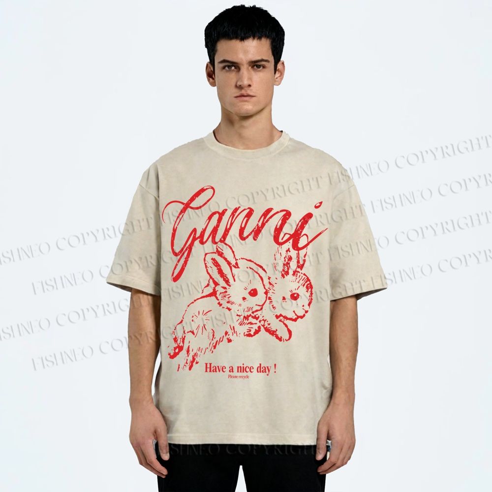 Unisex Relaxing Rabbit Printed Washed Tee