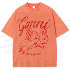 Unisex Relaxing Rabbit Printed Washed Tee