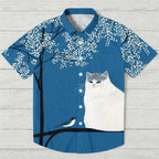 White Cat With Bird in Blue Night Hawaiian Shirt