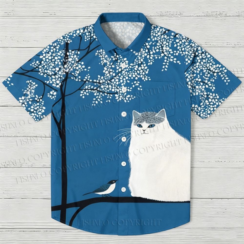 White Cat With Bird in Blue Night Hawaiian Shirt