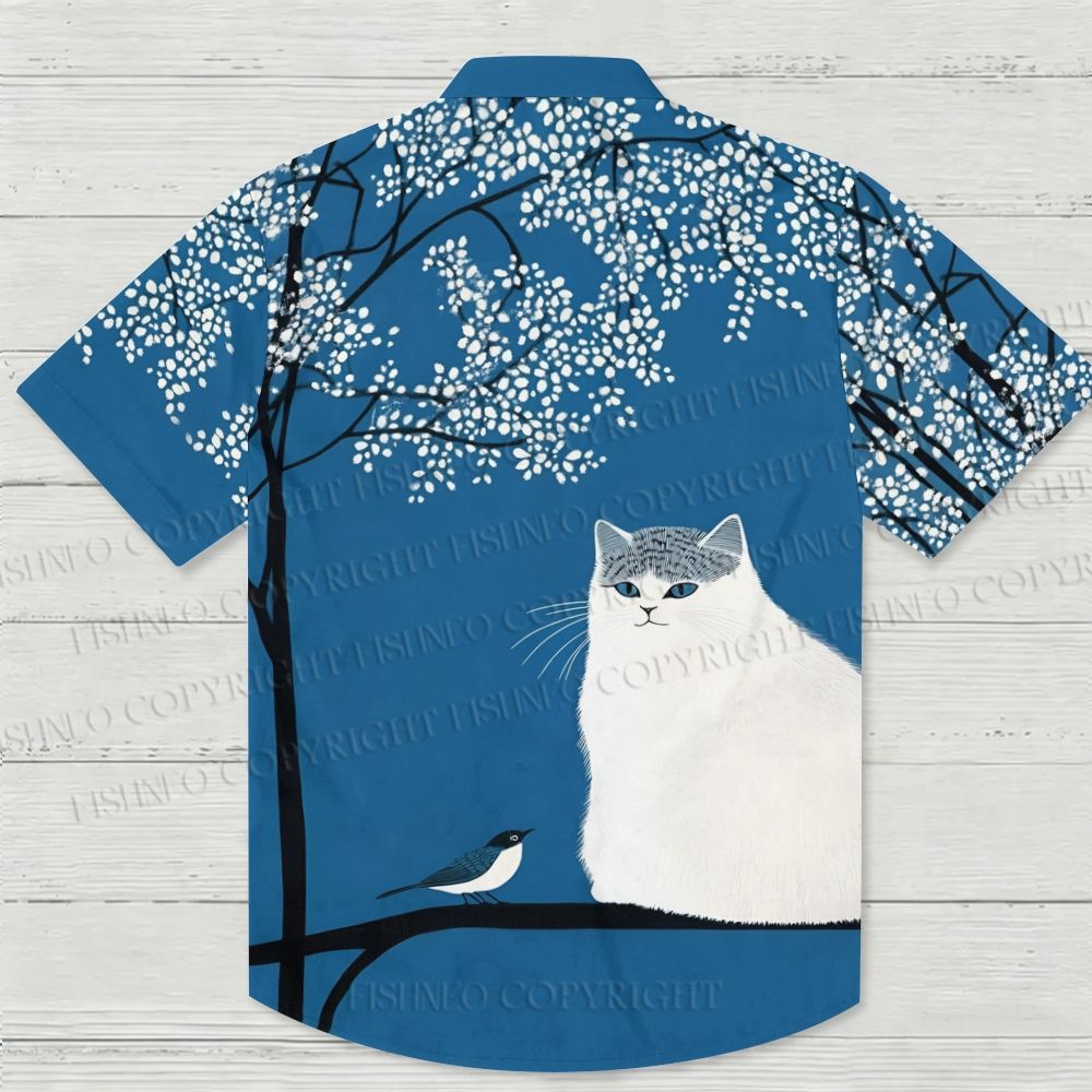 White Cat With Bird in Blue Night Hawaiian Shirt