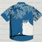 White Cat With Bird in Blue Night Hawaiian Shirt