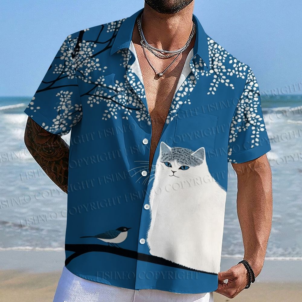 White Cat With Bird in Blue Night Hawaiian Shirt
