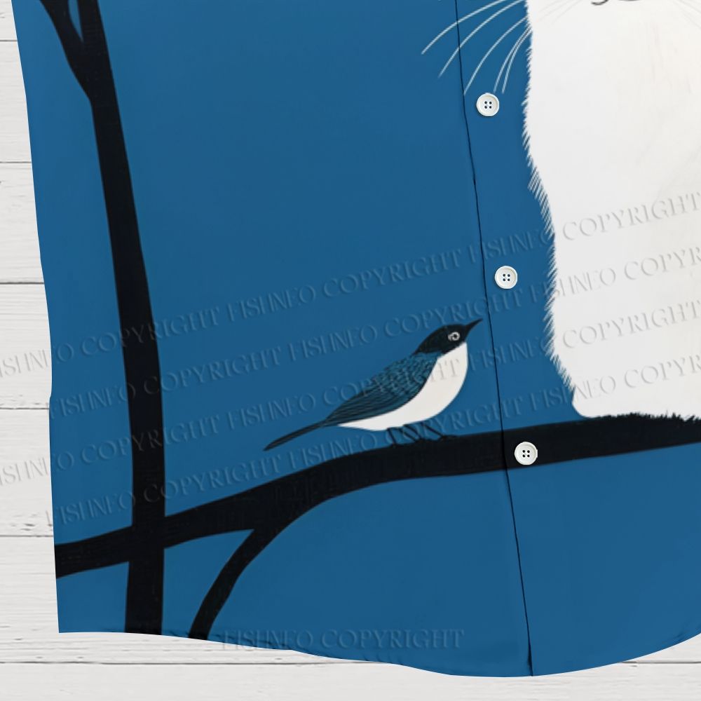 White Cat With Bird in Blue Night Hawaiian Shirt
