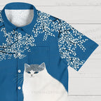 White Cat With Bird in Blue Night Hawaiian Shirt