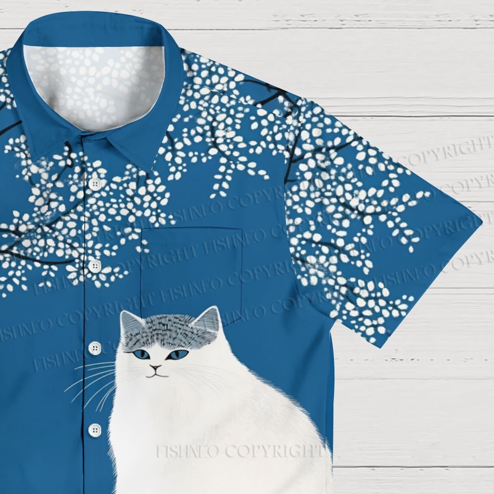 White Cat With Bird in Blue Night Hawaiian Shirt