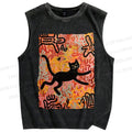 Unisex Funny Black Cat on Graffiti Printed Washed Tank Top