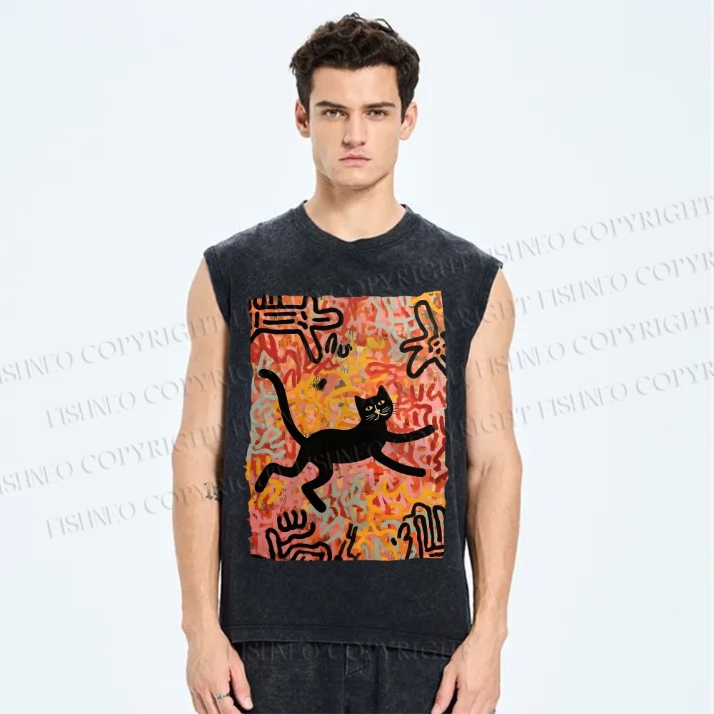 Unisex Funny Black Cat on Graffiti Printed Washed Tank Top