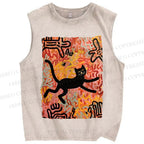 Unisex Funny Black Cat on Graffiti Printed Washed Tank Top