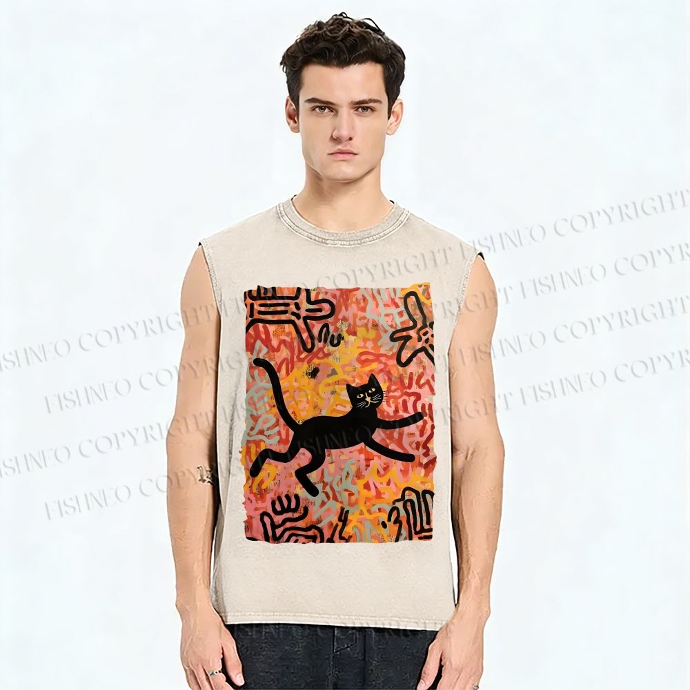 Unisex Funny Black Cat on Graffiti Printed Washed Tank Top