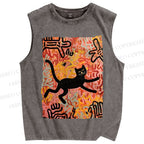 Unisex Funny Black Cat on Graffiti Printed Washed Tank Top