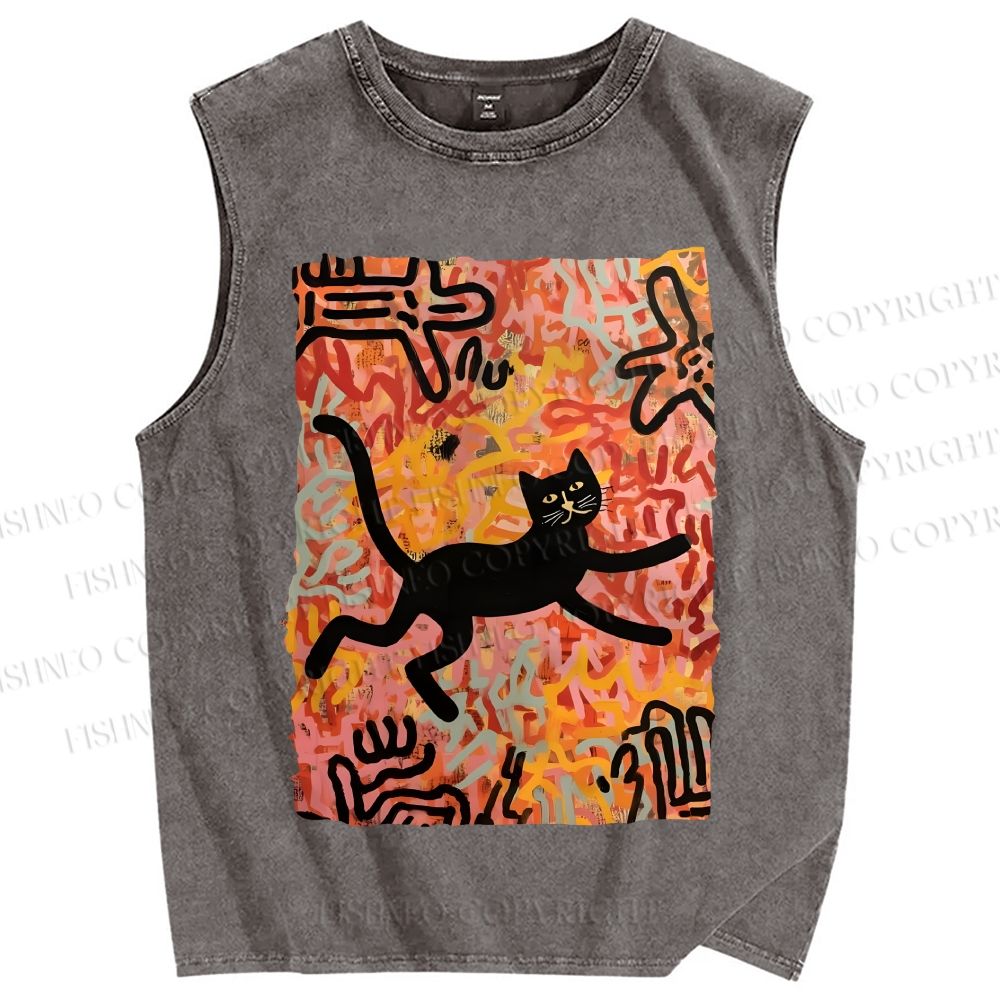 Unisex Funny Black Cat on Graffiti Printed Washed Tank Top