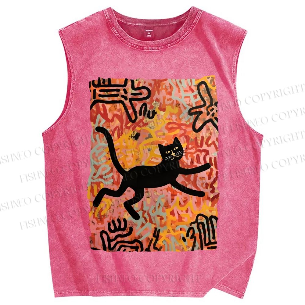 Unisex Funny Black Cat on Graffiti Printed Washed Tank Top