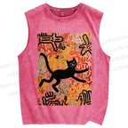 Unisex Funny Black Cat on Graffiti Printed Washed Tank Top