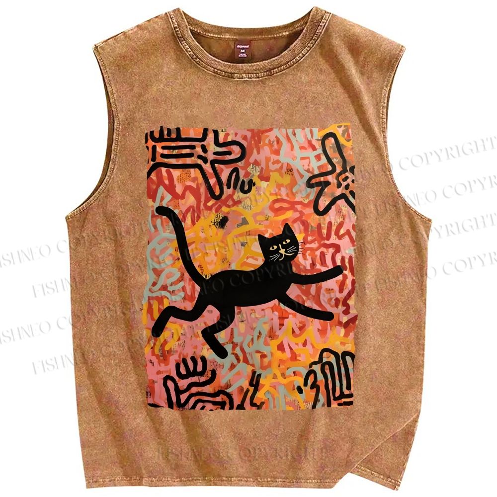 Unisex Funny Black Cat on Graffiti Printed Washed Tank Top