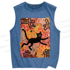 Unisex Funny Black Cat on Graffiti Printed Washed Tank Top