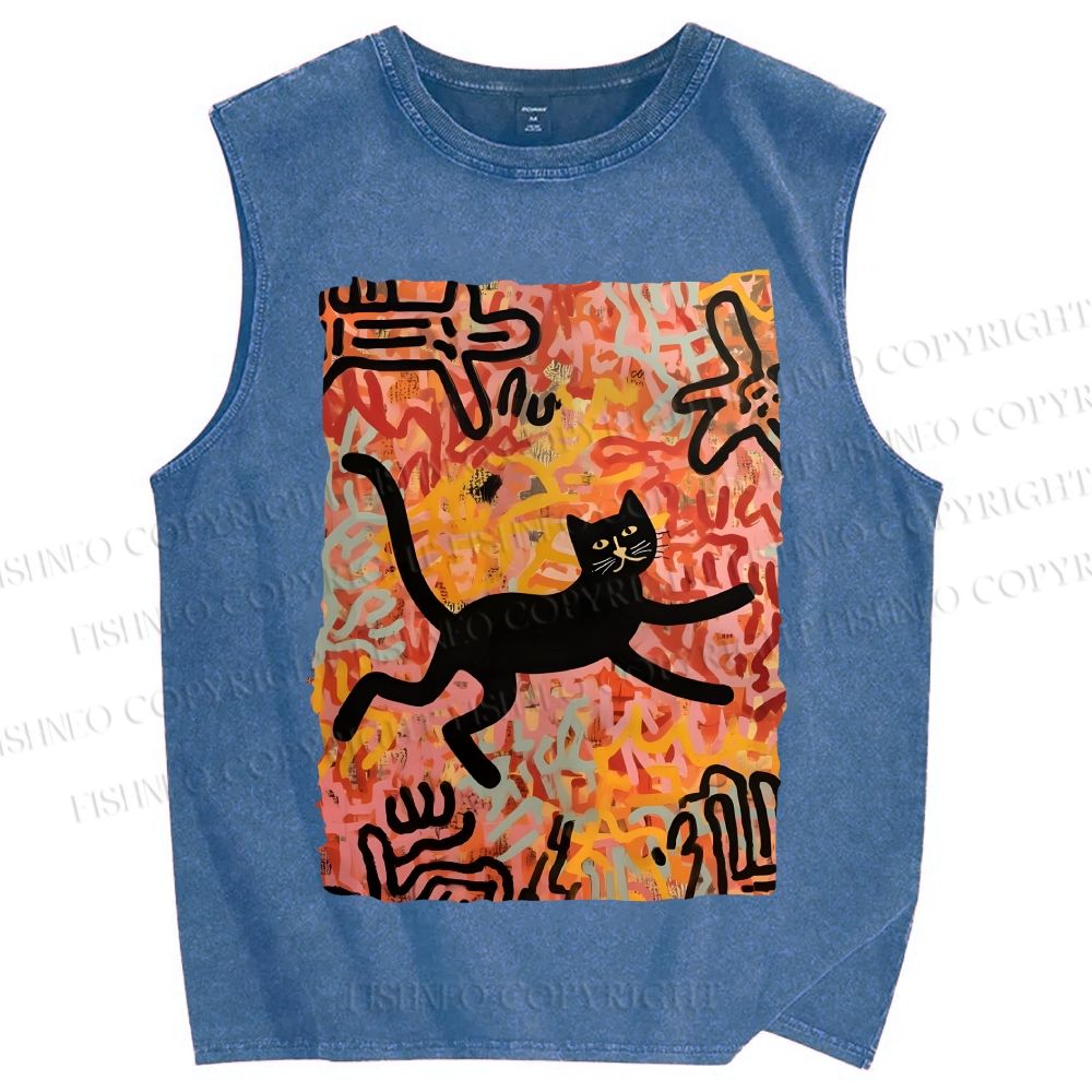 Unisex Funny Black Cat on Graffiti Printed Washed Tank Top