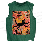 Unisex Funny Black Cat on Graffiti Printed Washed Tank Top
