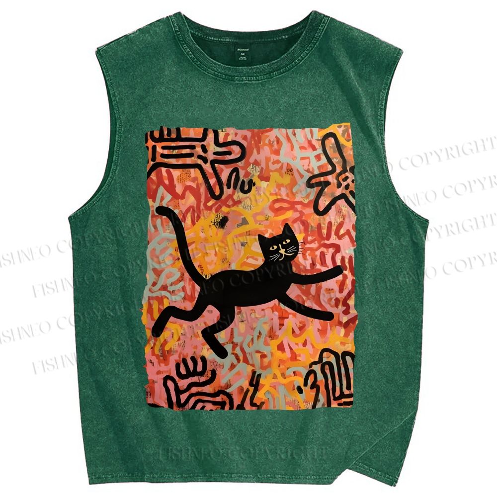 Unisex Funny Black Cat on Graffiti Printed Washed Tank Top
