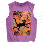 Unisex Funny Black Cat on Graffiti Printed Washed Tank Top