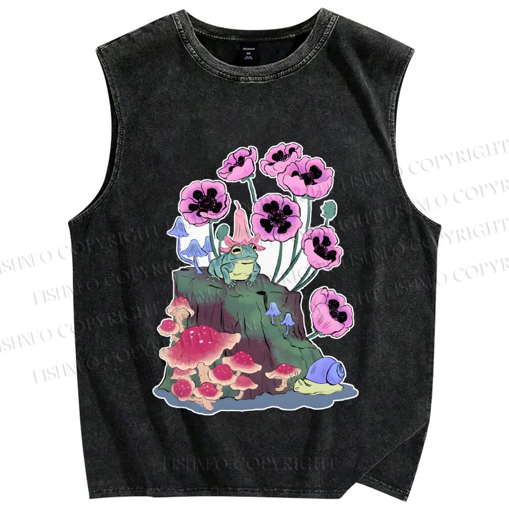 Unisex Silly Frog in Forest Printed Washed Tank Top