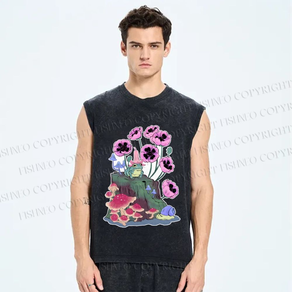 Unisex Silly Frog in Forest Printed Washed Tank Top