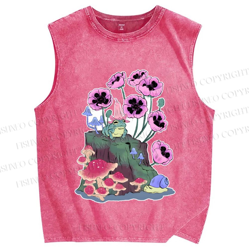 Unisex Silly Frog in Forest Printed Washed Tank Top