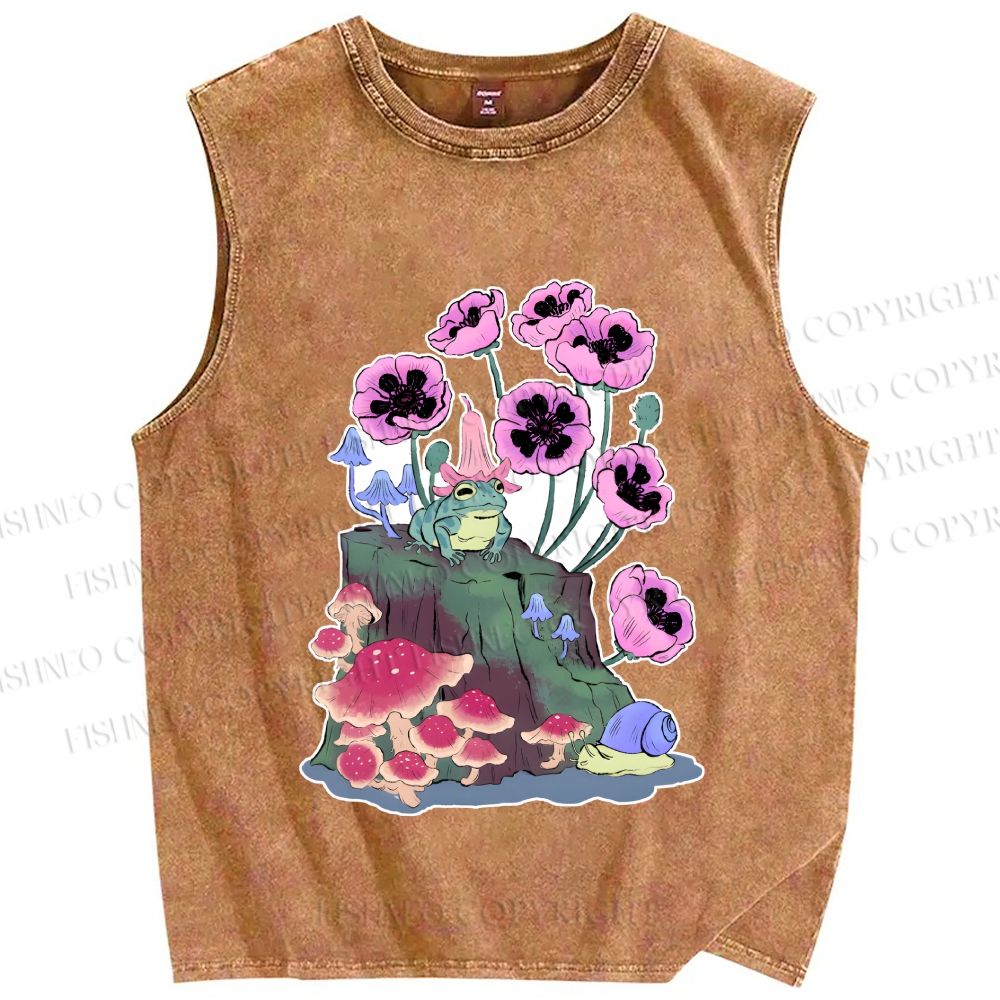 Unisex Silly Frog in Forest Printed Washed Tank Top