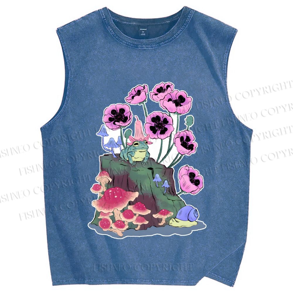 Unisex Silly Frog in Forest Printed Washed Tank Top