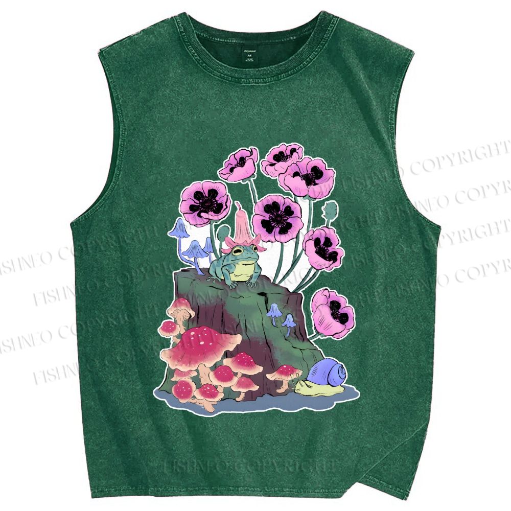 Unisex Silly Frog in Forest Printed Washed Tank Top