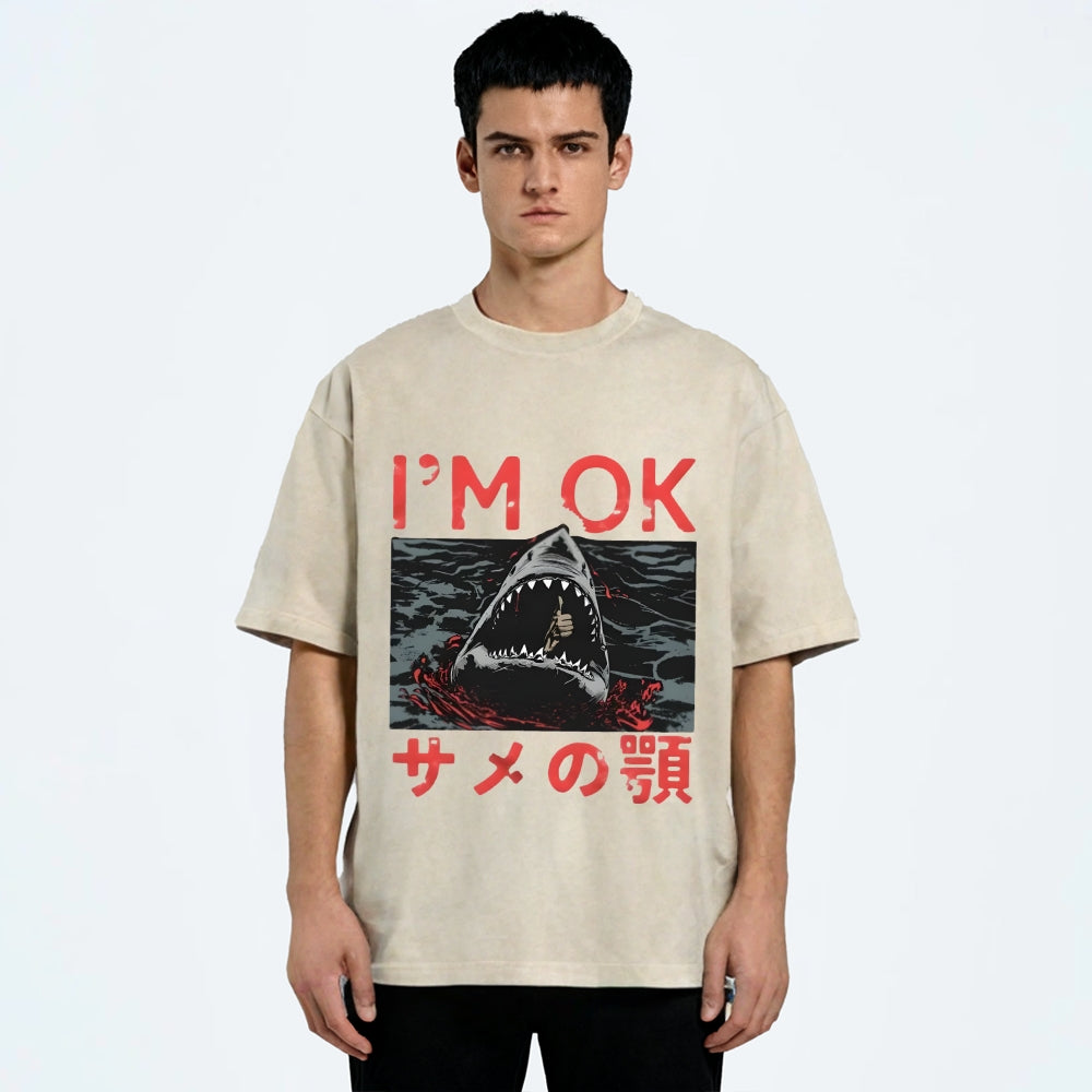 Im OK Huge Angry Shark Vintage Washed T-shirt