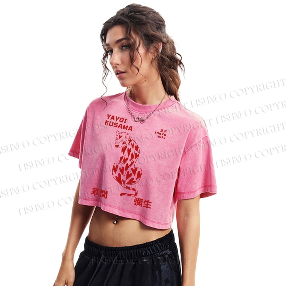 Yayoi Kusama Panther With Heart  Washed Cropped T-Shirt