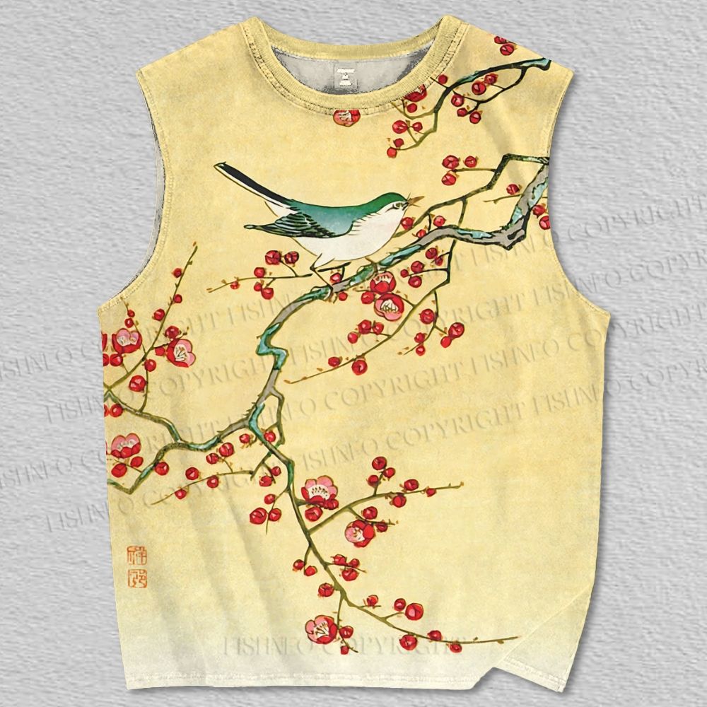Unisex Vintage Bird with Tiny Red Flowers Printed Tank Top