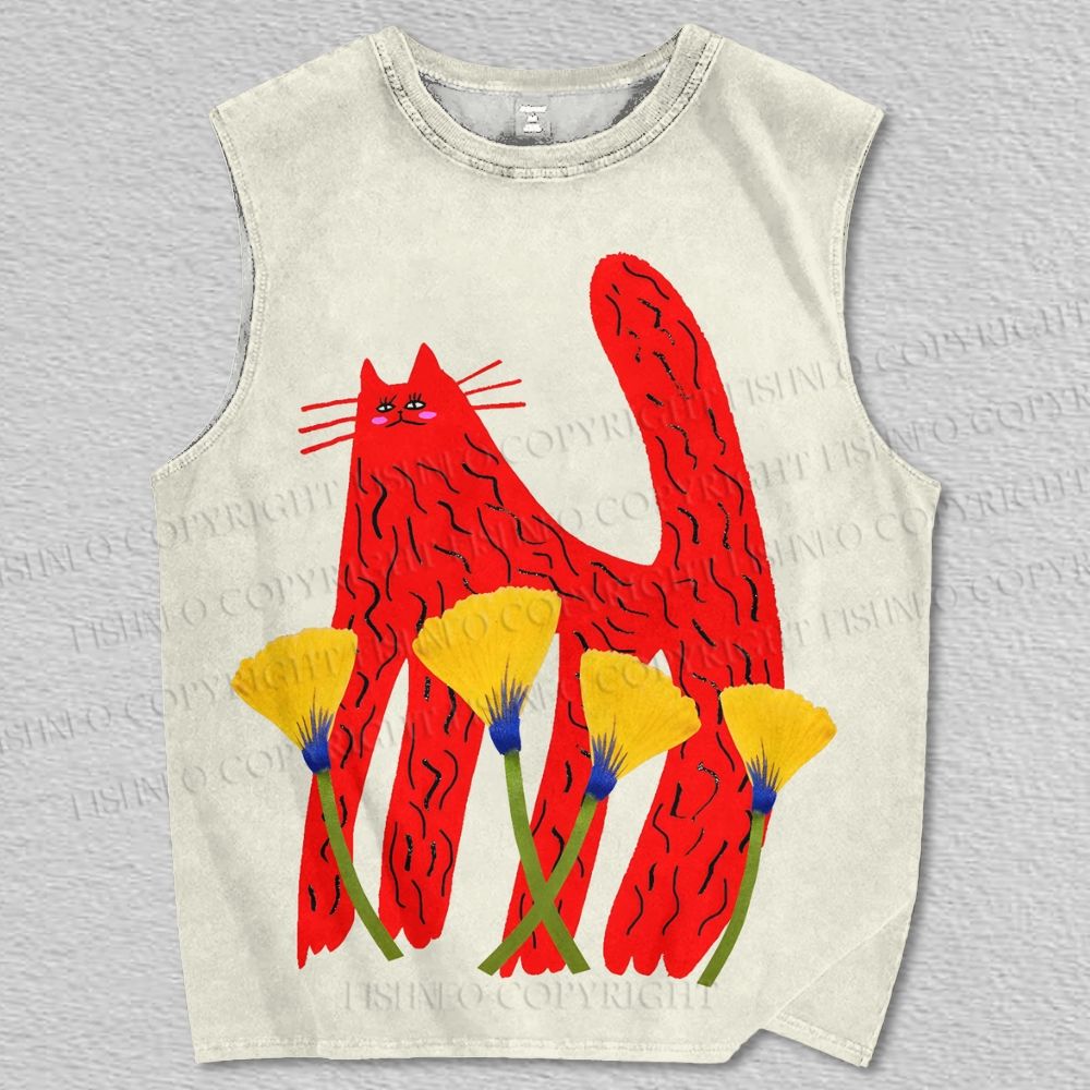 Unisex Cat And Tulips Printed Tank Top